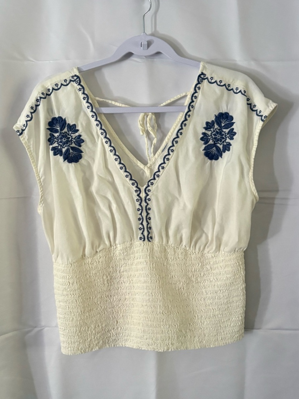 Cream Embroidered V-Neck Smocked Hem Camisole with Navy Floral Accents